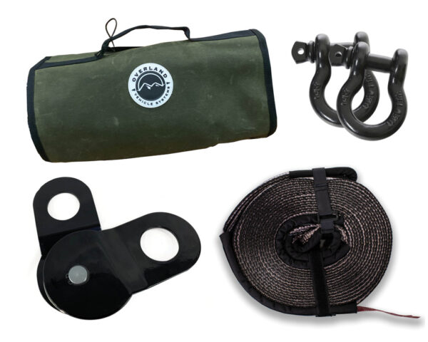 Recovery wrap kit including 20" tow strap, pair of black d-rings, snatch block and canvas bag